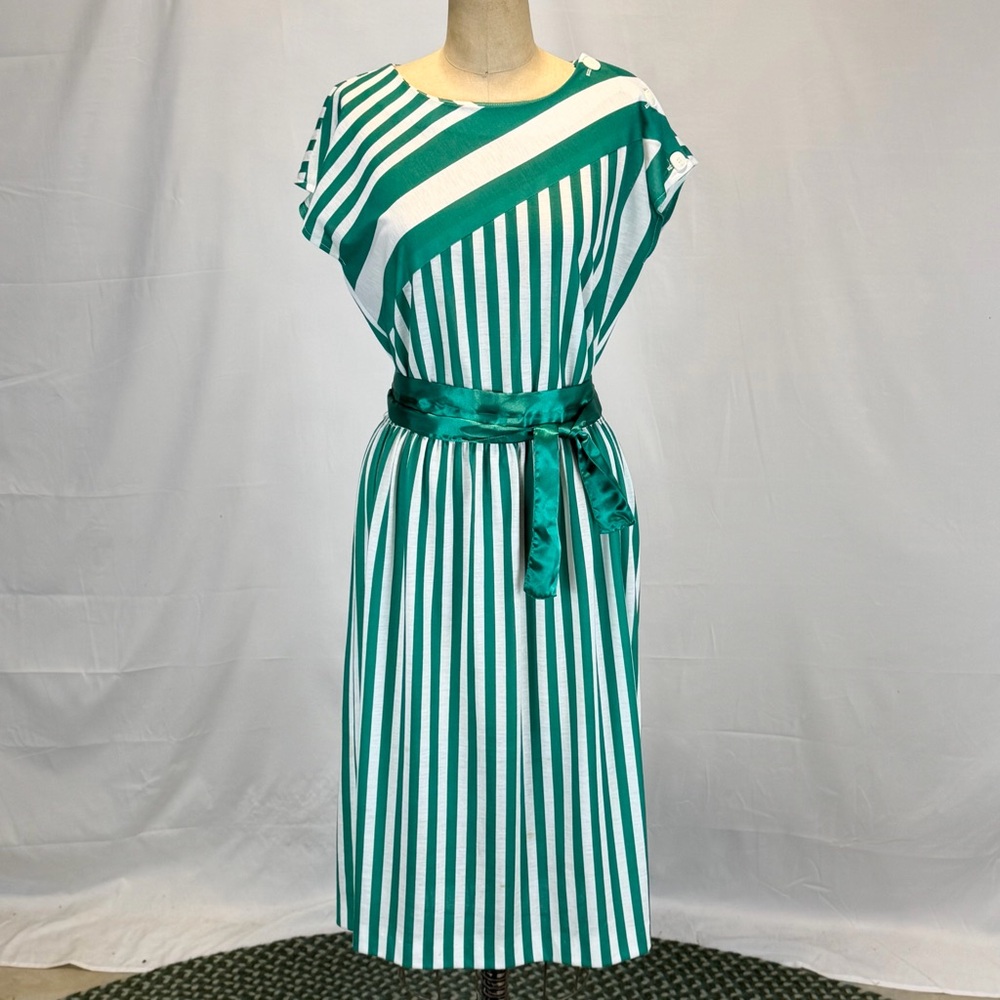 VINTAGE 80s green white stripe dress midi short cap sleeve belted waist nautical - Picture 6 of 11